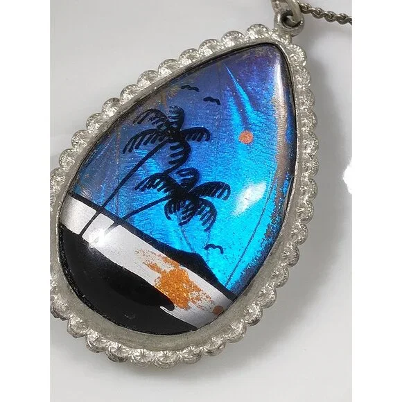 Vintage Morpho Butterfly Wing Pendant Necklace Painted Forest Palm Tree Blue - Picture 6 of 11